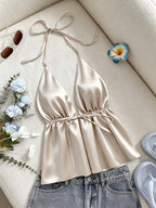 1pc Solid Color Spring Summer Beach Vacation Casual Satin Ruffled Cami Top - Apricot