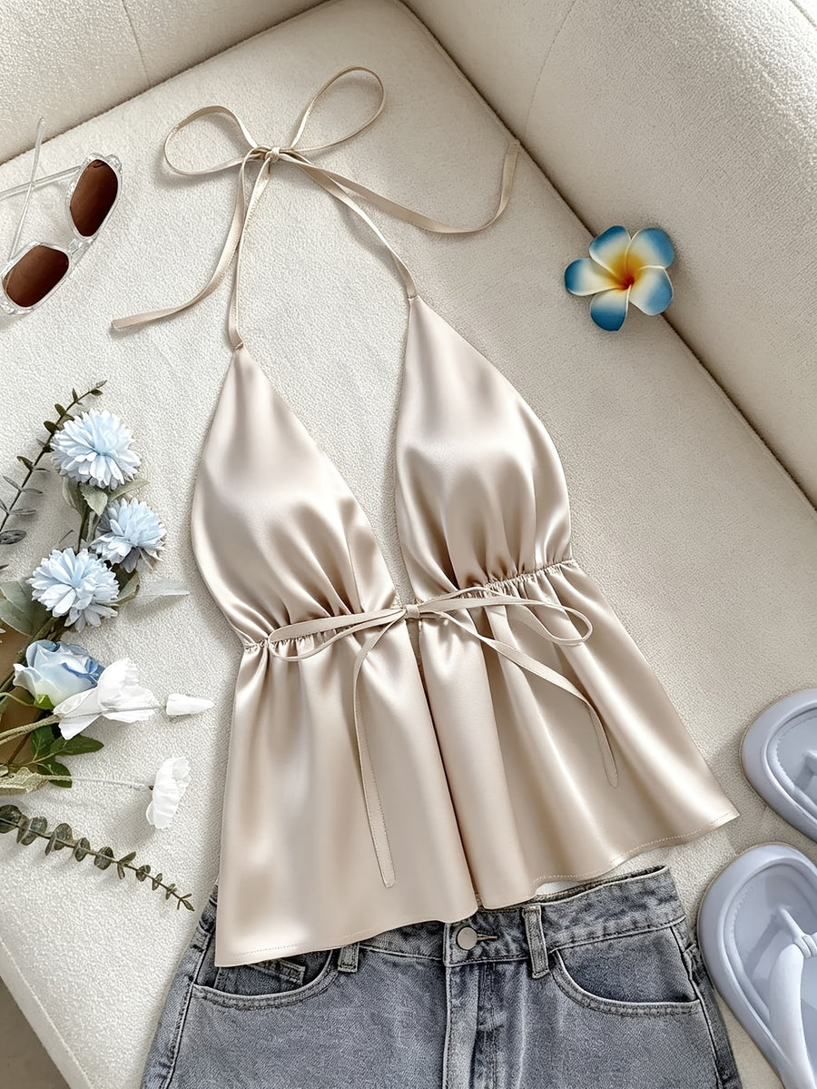 1pc Solid Color Spring Summer Beach Vacation Casual Satin Ruffled Cami Top - Apricot