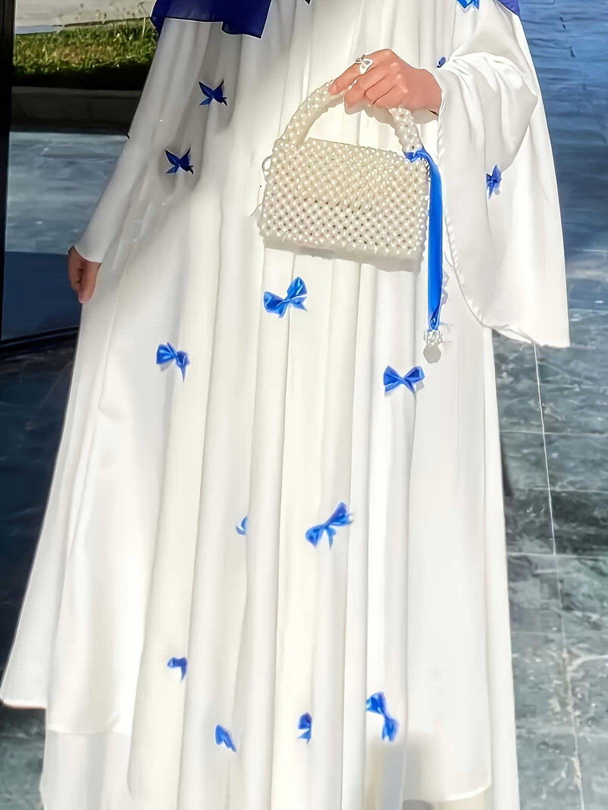 Middle Eastern Arabic Robe, Bow Long Dress, Loose, Women's Kaftan, Gown, Dress, Fashionable and Elegant, Alba Dress - Blue Bow