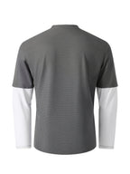 Spring/Autumn Men's Waffle Knit Henley Neck T-Shirt 2-in-1 Look Black and White Color Block Loose Long Sleeve Top - Grey