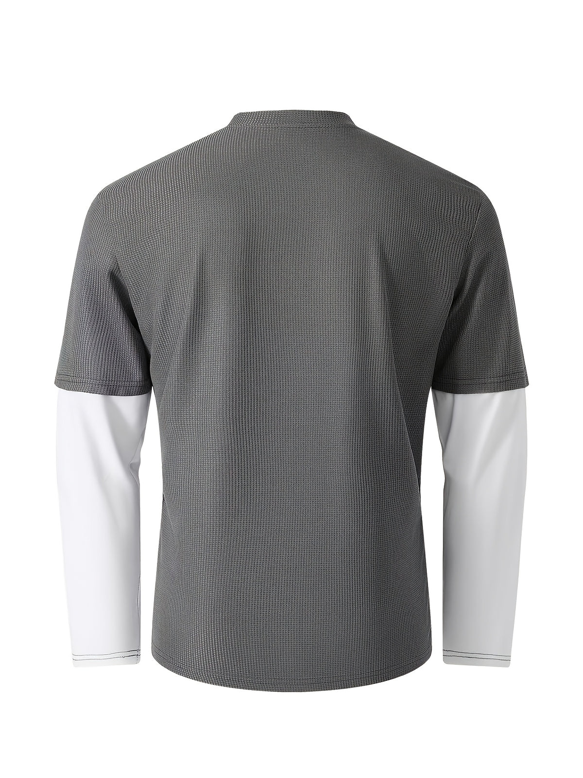 Spring/Autumn Men's Waffle Knit Henley Neck T-Shirt 2-in-1 Look Black and White Color Block Loose Long Sleeve Top - Grey
