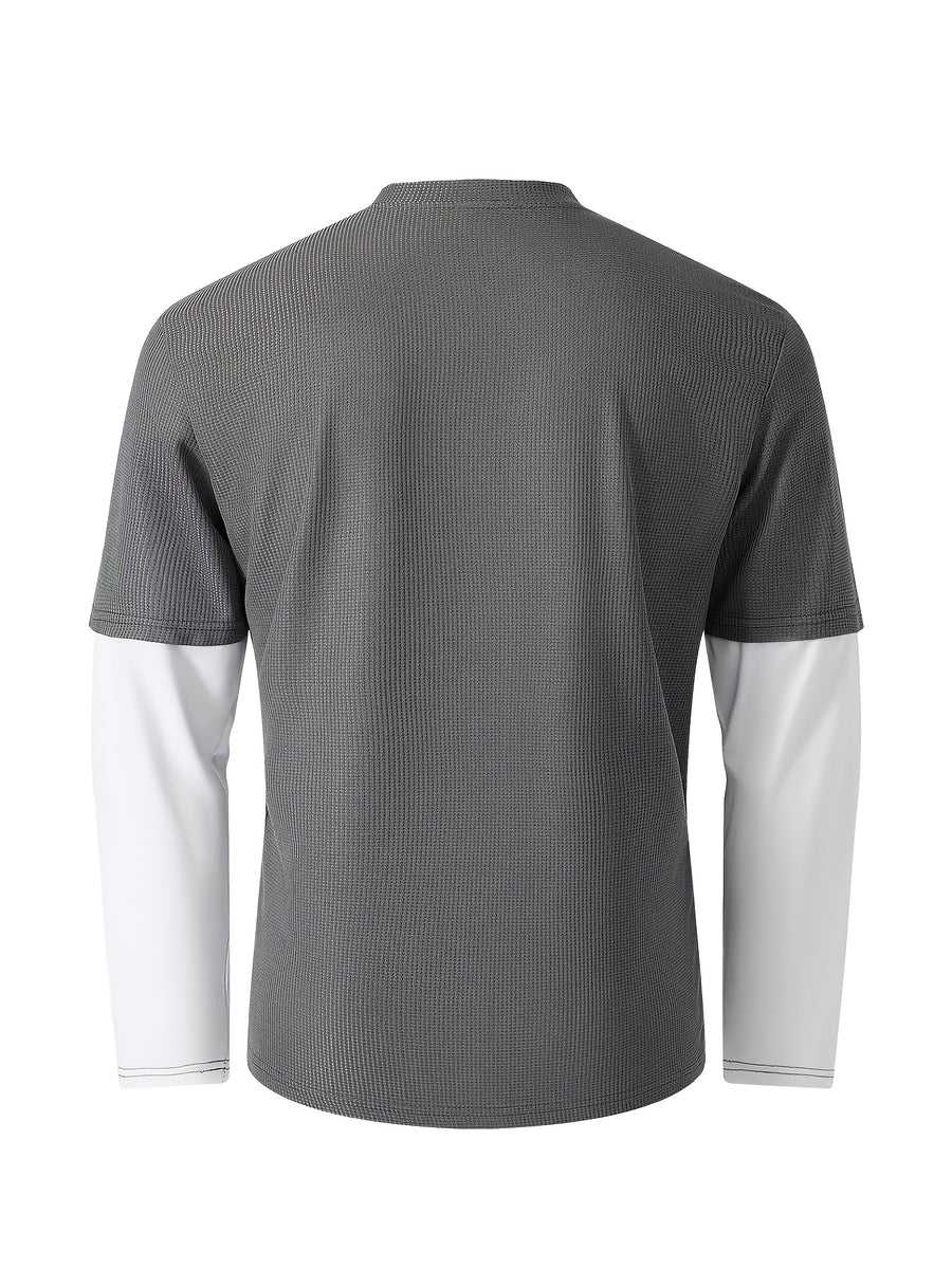 Spring/Autumn Men's Waffle Knit Henley Neck T-Shirt 2-in-1 Look Black and White Color Block Loose Long Sleeve Top - Grey