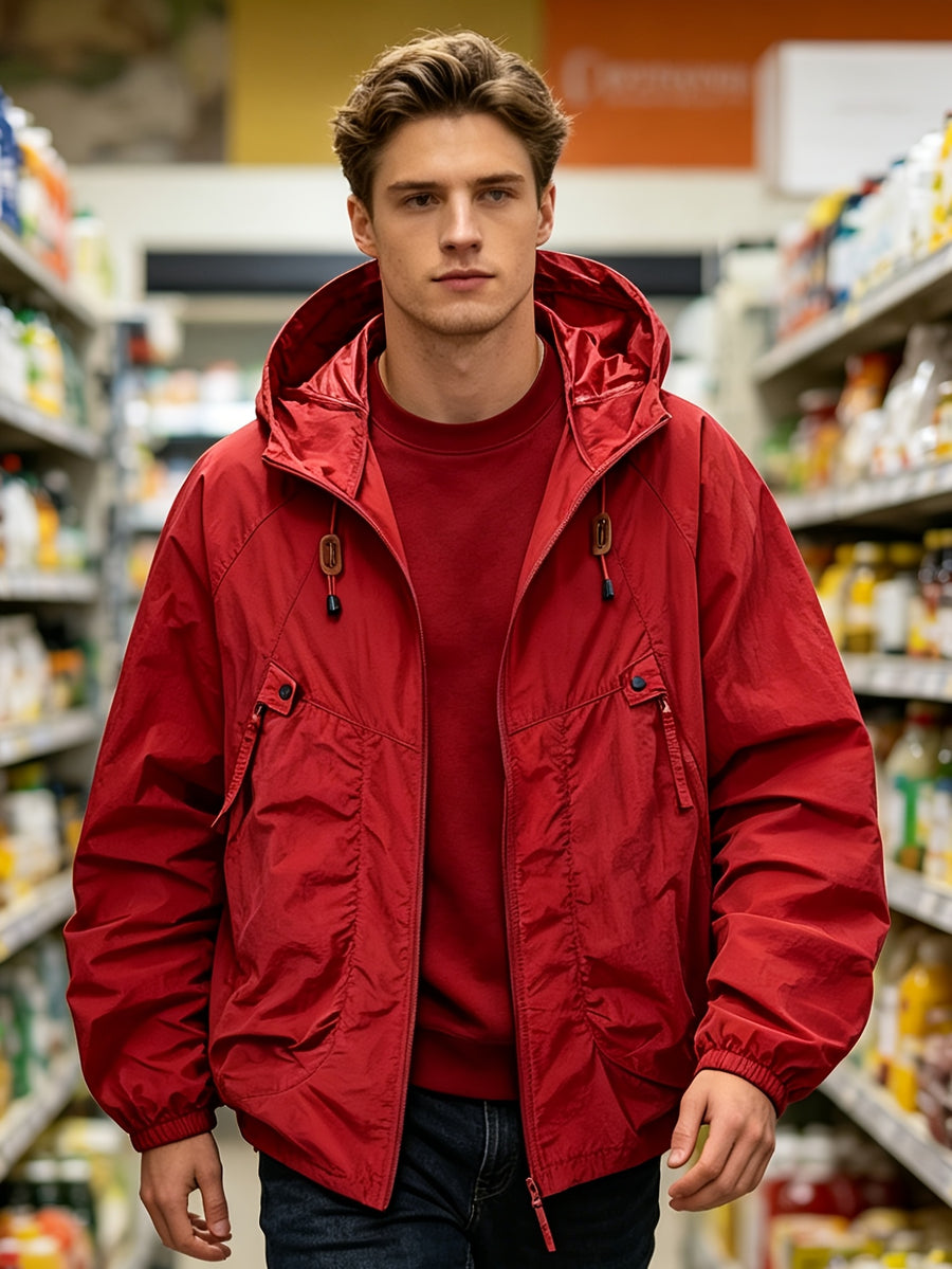 Men'S Spring Autumn Hooded Solid Pocket Jacket Sunscreen Top, Suitable for Outdoor Running Sports Commuting - 2390-Red of the Vermilion Bird