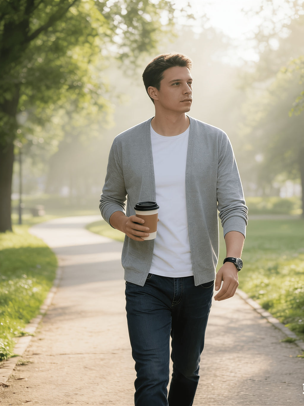 Popular Men's Waffle Knit V-Neck Cardigan, Spring/Autumn Business Casual Buttonless Outerwear, Breathable and Comfortable Knit Sweater, Slimming and Elegant Men's Outerwear, Solid Color Simple and Versatile Top, Soft, Skin-Friendly - Light Grey