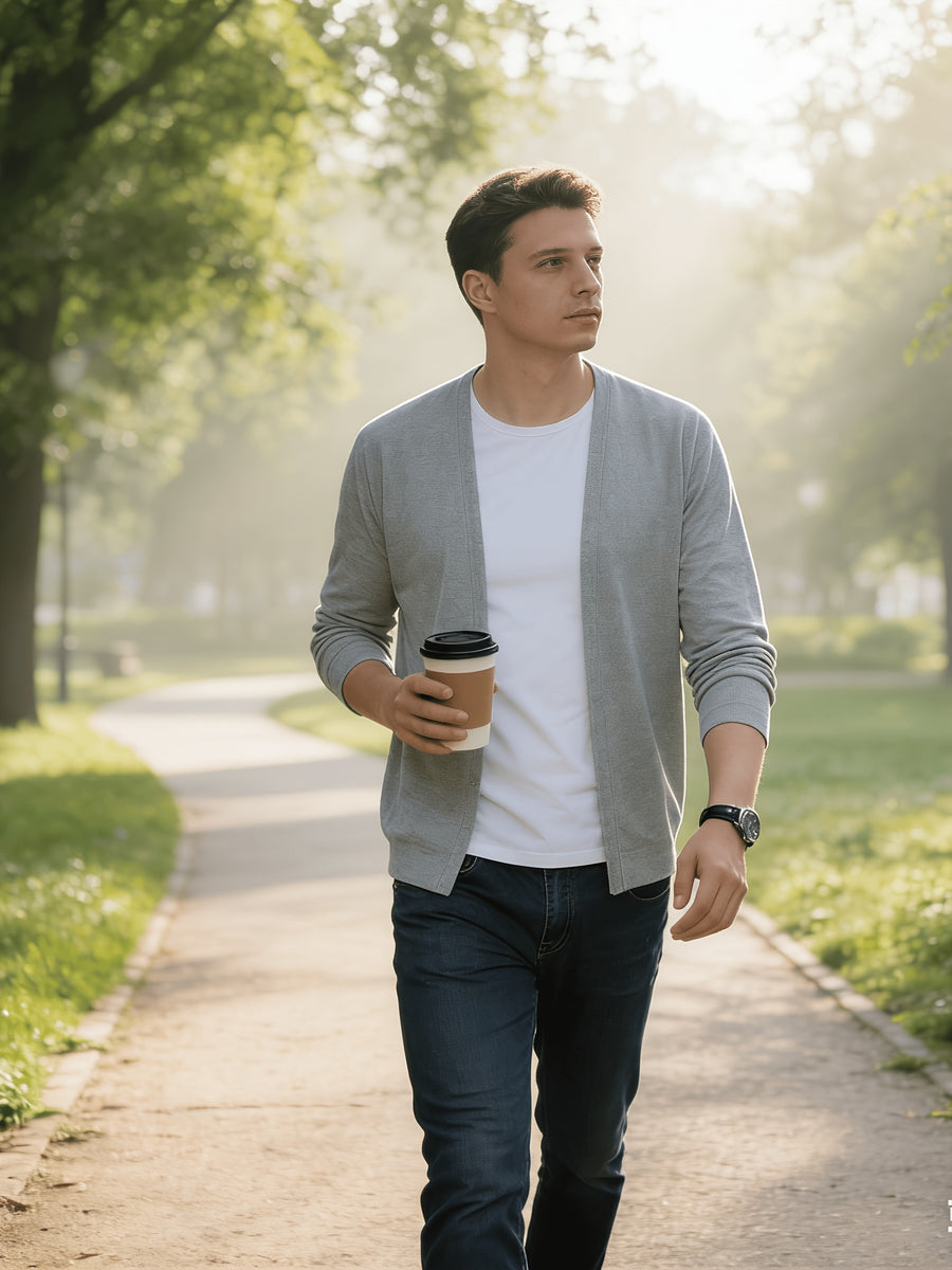 Popular Men's Waffle Knit V-Neck Cardigan, Spring/Autumn Business Casual Buttonless Outerwear, Breathable and Comfortable Knit Sweater, Slimming and Elegant Men's Outerwear, Solid Color Simple and Versatile Top, Soft, Skin-Friendly - Light Grey