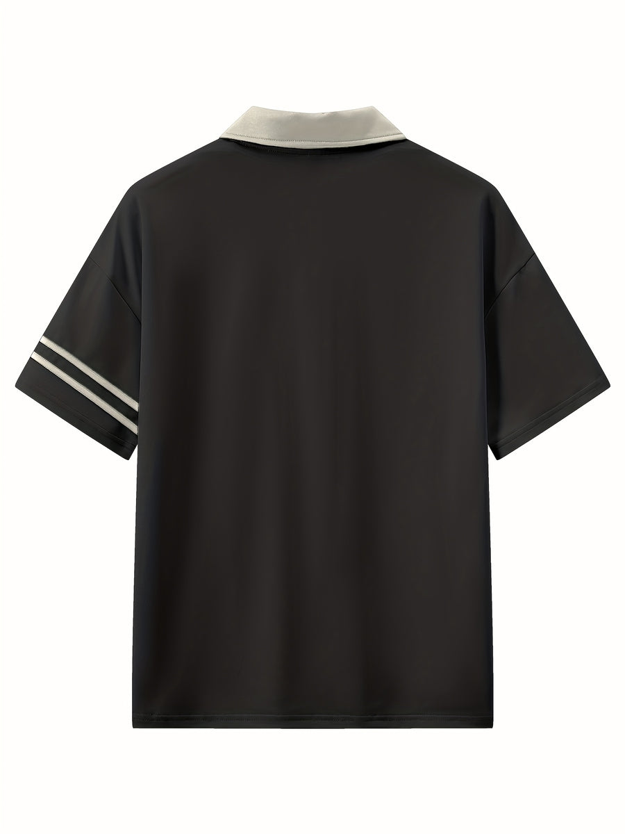Back-to-School Warner Bros. Official "Bixin" Cartoon Cute Print Men's Summer Loose Lapel Japanese-Style Polo Short-Sleeve T-Shirt, Comfortable, Breathable, and Slightly Stretchy - Black