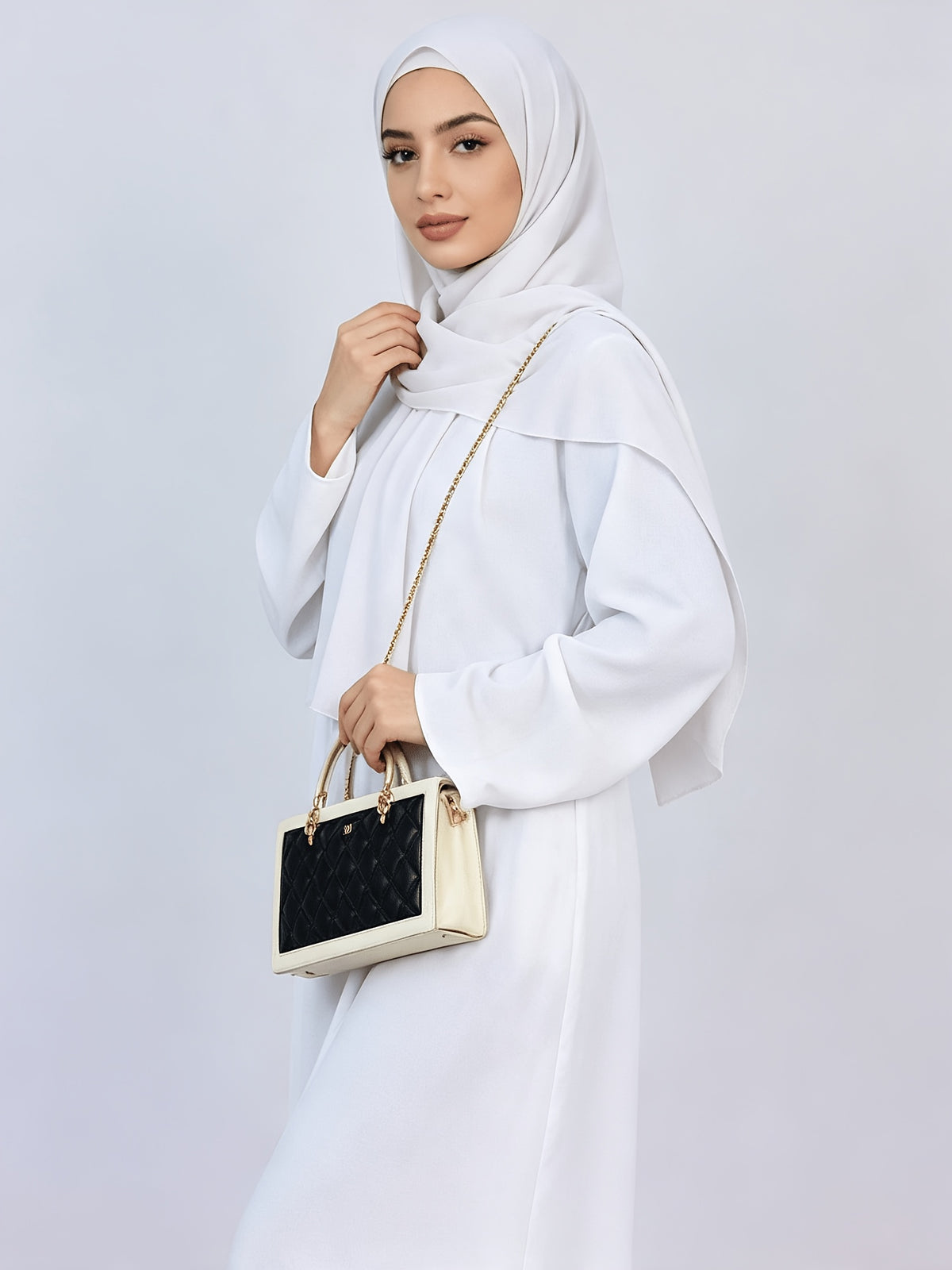 1pc Women Solid Color Long Sleeve Abaya Maxi Dress, Loose Modest Long Kaftan with Side Pockets, Elegant Full Length Muslim Casual Long Dress for Daily Wear - White
