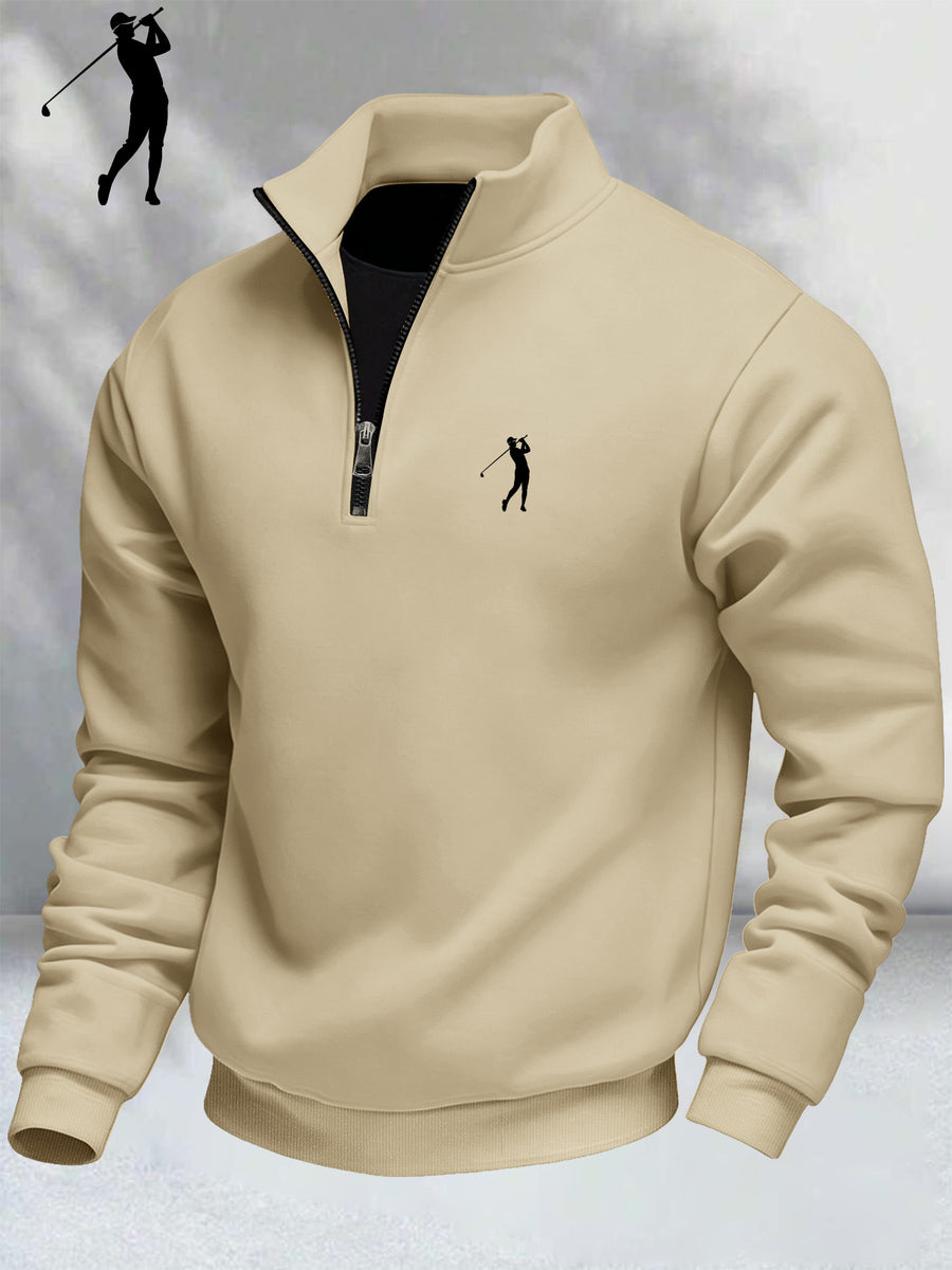 Men'S Casual Long Sleeve Knit Zip-Up Cardigan, Golf Swing Print, 1/4 Zip, Medium Stretch Fabric for Autumn/Winter, Comfortable Warm Outerwear, Classic Zipper Style, Casual Wear - Apricot