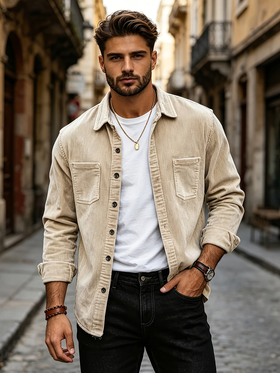 Men's Corduroy Shirt - American Retro Solid Color Long Sleeve Shirt for Men, Casual Wrinkle-Resistant Non-Iron Corduroy Shirt with Two Pockets, Trendy Versatile Corduroy Jacket for Sports, Outdoor, and Daily Wear. - Off-white