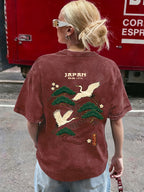2026 Fashionable Trendy New Distressed Design Japanese Crane Pine Branch Print American Vintage Street Style Women'S Distressed All-Match Casual Retro Short Sleeve T-Shirt - Maroon 2