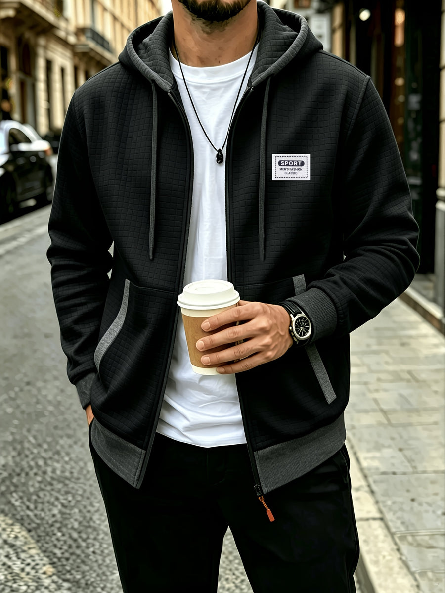 Men'S Fashion Hooded Color-Block Waffle Jacket, Zipper with Drawstring Coat, Suitable for Daily Commute, Outdoor Casual Sports Jacket - Black