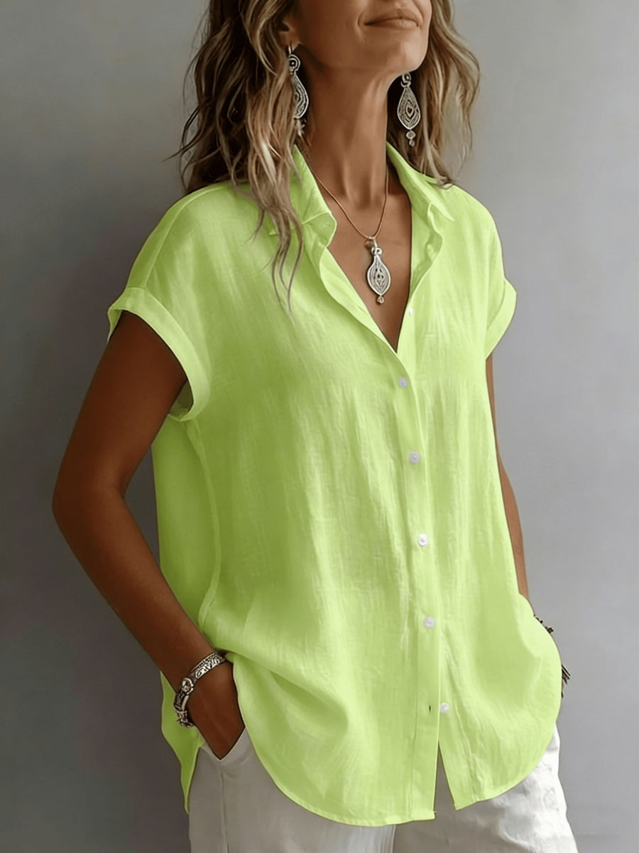 Women's Relaxed Holiday Style Micro-Wrinkle Textured Lapel Short-Sleeve Shirt, Loose Open Front Single-Breasted Drop Shoulder Fit, Casual Rolled Hem Short Sleeve V-Neck Open-Wear Design, Natural Breathable Dry Skin-Friendly Textured Fabric - Green