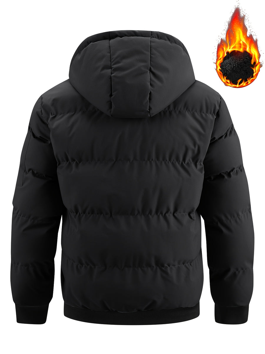 New Winter Plush-Lined Padded Coat for Men, Loose Fit Outerwear with Chest Zipper, Trendy and Fashionable Hooded Thickened Youth Padded Coat, Casual Padded Jacket for Men - Black