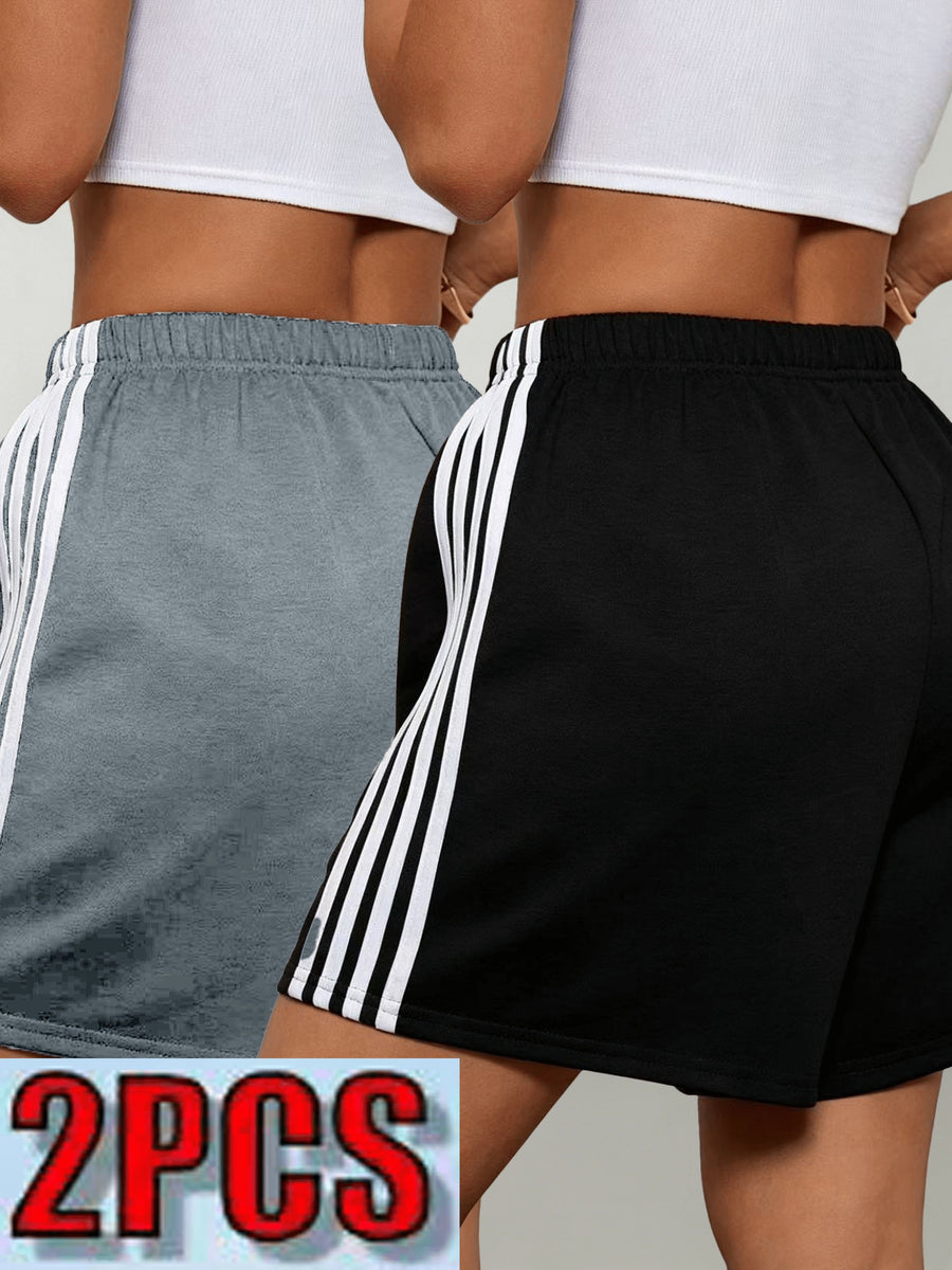 2pcs Women's 2pcs Shorts Suitable for Leisure, Outdoor & Home Wear - Elastic Stretch Waist Loose Fit Short with Side Stripe Design, Elastic Waistband, Non-Stretch Solid Color Shorts for Spring Summer Fall, Machine Washable American Casual - Gray+black
