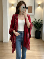Women Vintage Ethnic Jacquard Hooded Fringe Poncho Shawl Open Front Cardigan Coat, Loose Batwing Sleeve Outer Cover Up Tops - Red