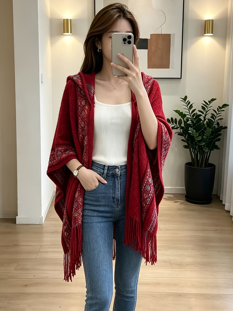Women Vintage Ethnic Jacquard Hooded Fringe Poncho Shawl Open Front Cardigan Coat, Loose Batwing Sleeve Outer Cover Up Tops - Red
