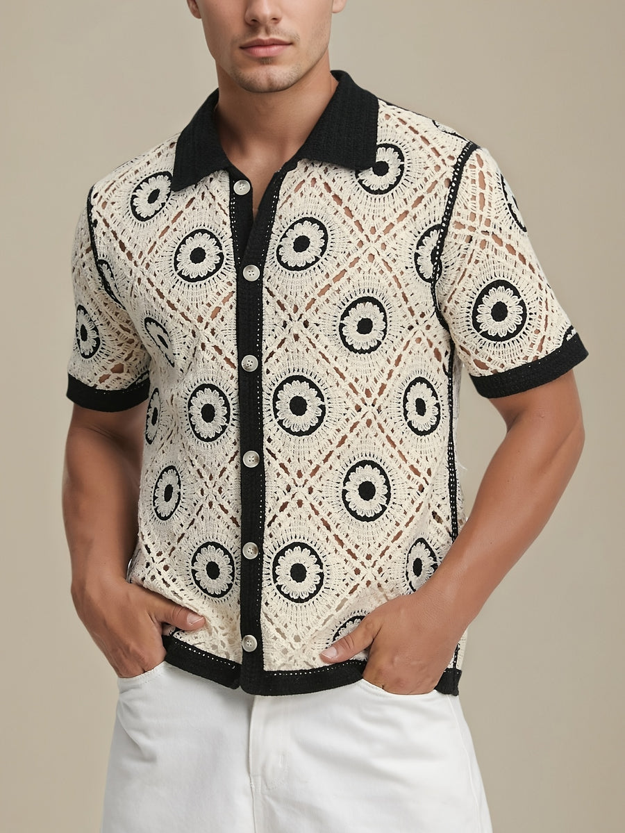 Men's Fashion Openwork Knitted Embroidery Summer Joker Collar Comfortable Cardigan Jacket, Suitable for Casual Wear. - Black