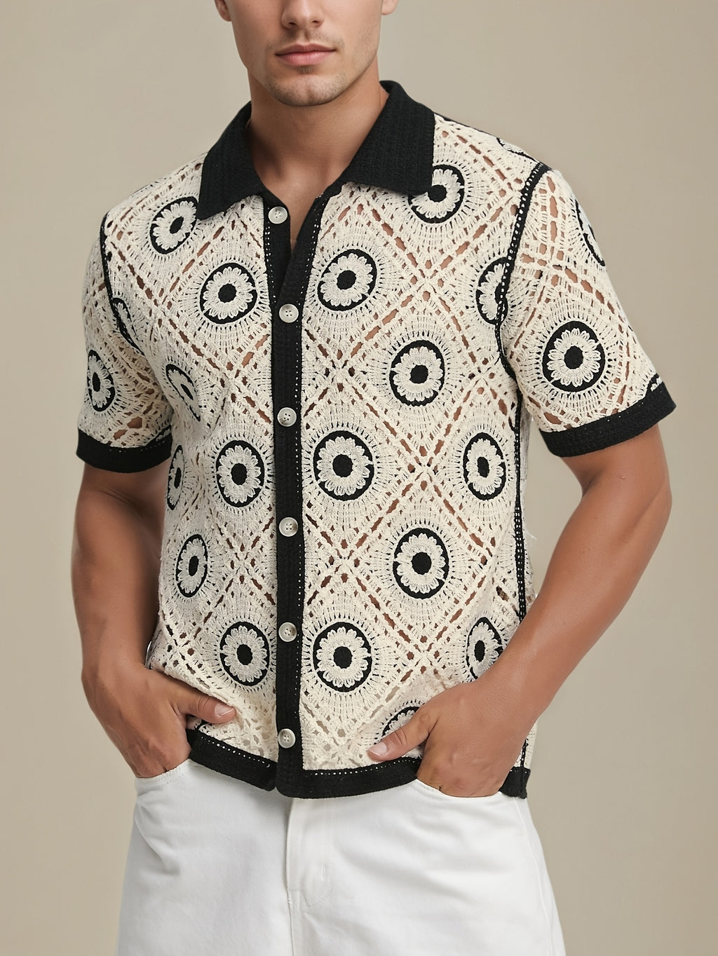 Men's Fashion Openwork Knitted Embroidery Summer Joker Collar Comfortable Cardigan Jacket, Suitable for Casual Wear. - Black