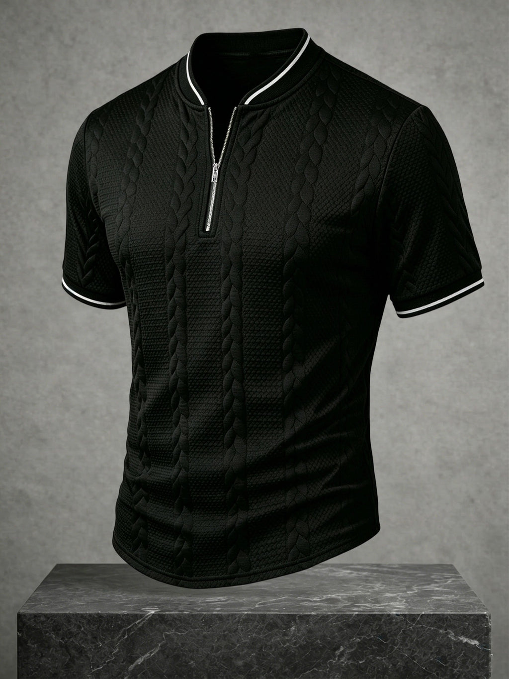 Men's Color-Block Baseball Collar Half-Zip Short-Sleeve T-Shirt, Three-Dimensional Cable Knit Texture Short Sleeve, New Summer Trendy Casual Half-Sleeve Jacquard Polo Shirt, Versatile Men's Top, Baseball Collar + Contrast Ribbed Cuffs for a Simple - Black