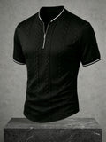 Men's Color-Block Baseball Collar Half-Zip Short-Sleeve T-Shirt, Three-Dimensional Cable Knit Texture Short Sleeve, New Summer Trendy Casual Half-Sleeve Jacquard Polo Shirt, Versatile Men's Top, Baseball Collar + Contrast Ribbed Cuffs for a Simple - Black