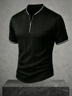 Men's Color-Block Baseball Collar Half-Zip Short-Sleeve T-Shirt, Three-Dimensional Cable Knit Texture Short Sleeve, New Summer Trendy Casual Half-Sleeve Jacquard Polo Shirt, Versatile Men's Top, Baseball Collar + Contrast Ribbed Cuffs for a Simple - Black