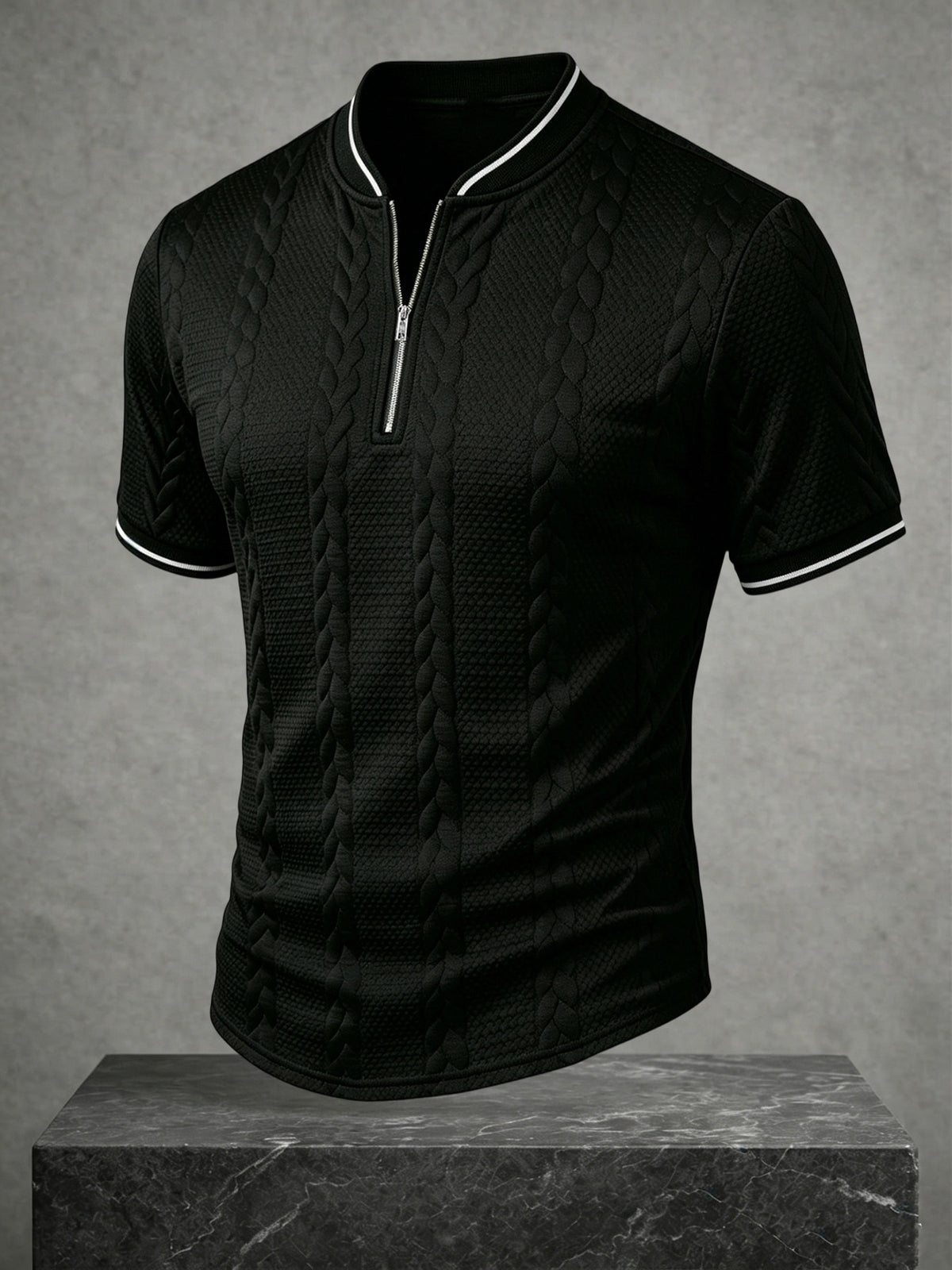 Men's Color-Block Baseball Collar Half-Zip Short-Sleeve T-Shirt, Three-Dimensional Cable Knit Texture Short Sleeve, New Summer Trendy Casual Half-Sleeve Jacquard Polo Shirt, Versatile Men's Top, Baseball Collar + Contrast Ribbed Cuffs for a Simple - Black
