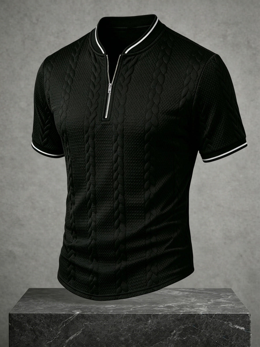Men's Color-Block Baseball Collar Half-Zip Short-Sleeve T-Shirt, Three-Dimensional Cable Knit Texture Short Sleeve, New Summer Trendy Casual Half-Sleeve Jacquard Polo Shirt, Versatile Men's Top, Baseball Collar + Contrast Ribbed Cuffs for a Simple - Black