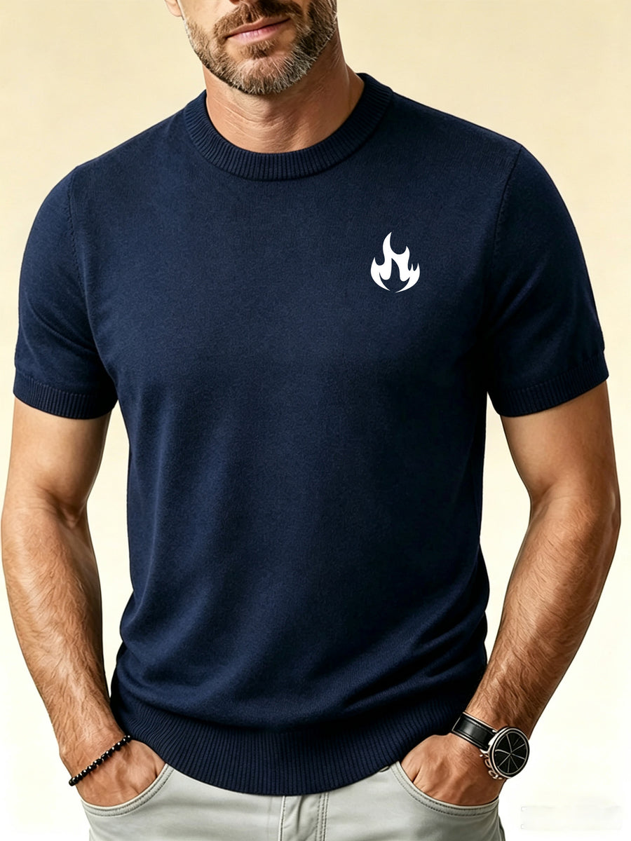 Men's Crew Neck Short Sleeve Knit Shirt with Small Flame Print - Base Layer Top, Casual Suitable for Casual Attire, Machine Washable, Non- -Compatible for Outfits - Navy Color