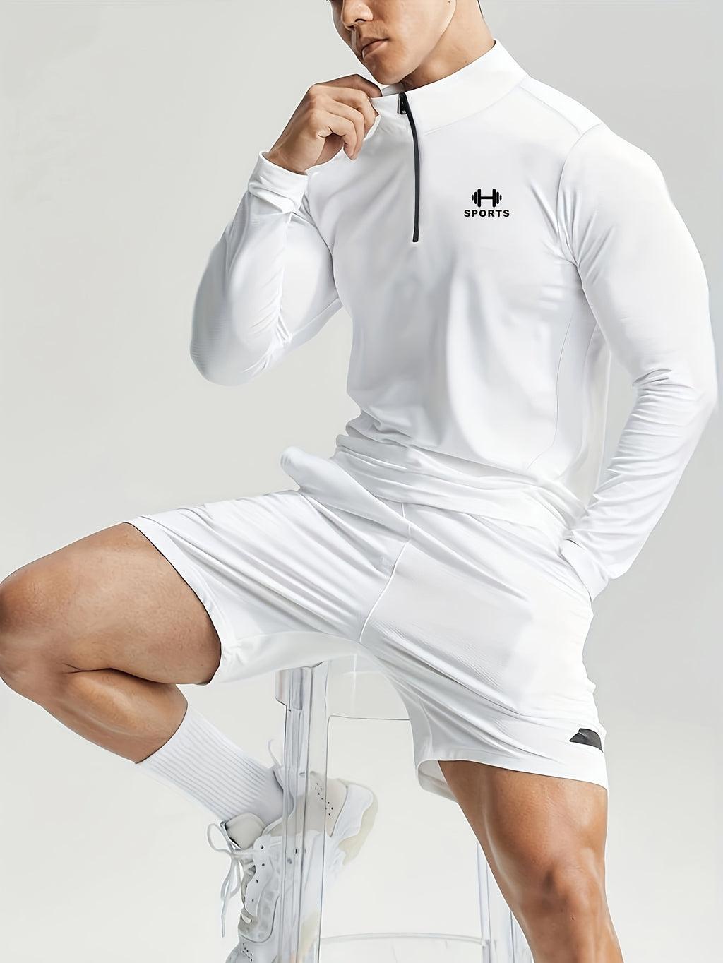 2pcs Set Men'S Casual Athletic Long Sleeve, Casual Athletic Top, Men'S Slim Fit Athletic Polo Shirt, Men'S Stand-Up Collar Polo Shirt, Fashionable And Versatile, Slim Fit, Half-Zipper Stand-Up Collar Design Detail, Suitable for Jogging, Cycling - White+gray