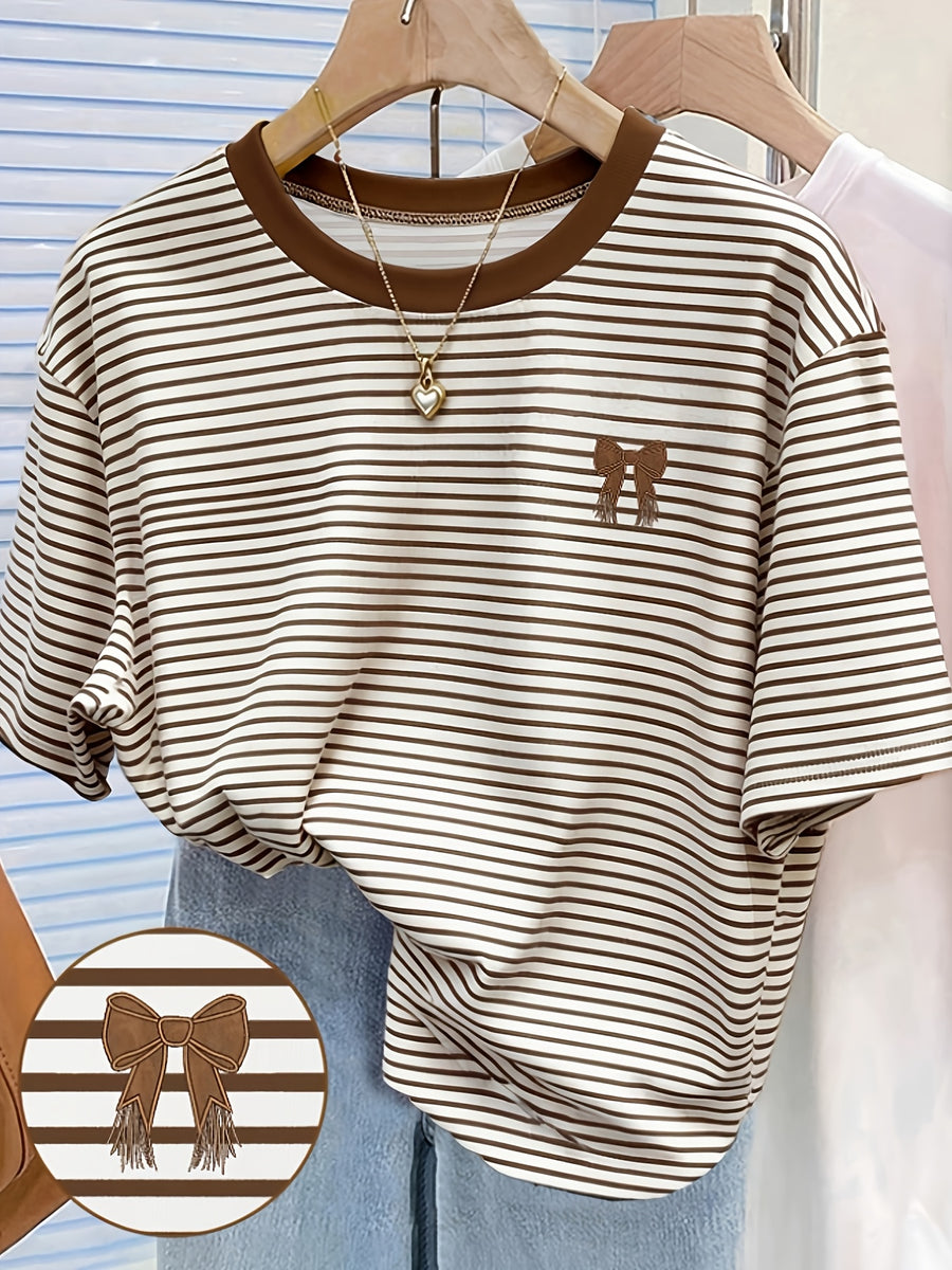 New Cross-Border Fashion Casual Digital Print Striped Short-Sleeve Round-Neck T-Shirt for Women - Coffee Color