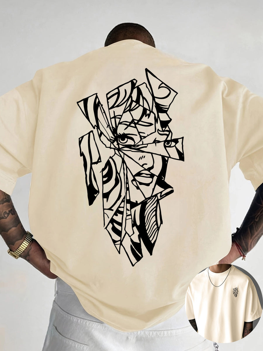 Creative Front and Back Printed Graphic Crew Neck T-shirt, Pure Cotton Summer Trendy Fashion Short Sleeve, Casual Daily Style Top, Essential for Outings and Leisure, an Excellent Gift Choice - Apricot