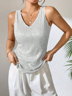 Sequin V-neck Vest, Elegant and Sexy Sleeveless Top, Suitable for Summer and Spring, Women's Clothing - Silvery White