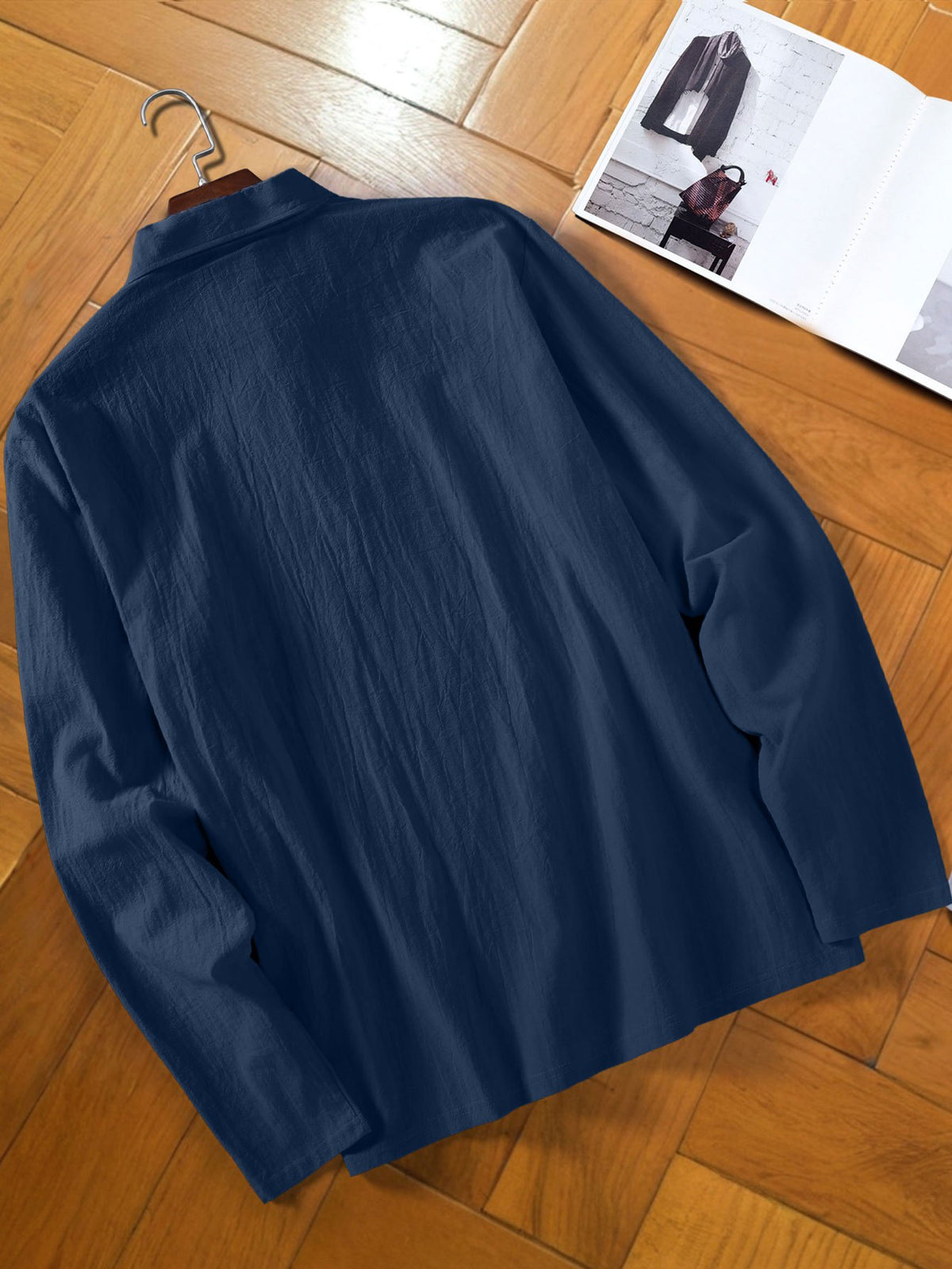 Men's Fashion Long-Sleeve Linen Shirt - Seaside Vacation Casual Top, Button-Up with Half-Open Placket, Lightweight, Loose, and Comfortable, Perfect as a Summer T-Shirt or Gift - Navy Color