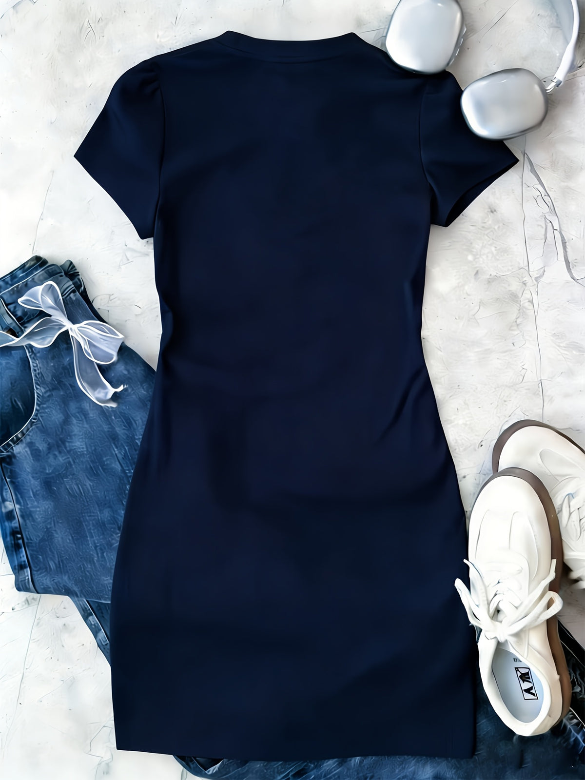 Summer Elegant Women's Pure Short-sleeve Dress, Y Casual Style, Clover Stripe Print Short-sleeve Top. 100% Round-neck Short-sleeve T-shirt, Machine Washable, Comfortable and Versatile. Breathable, Skin-friendly, Easy to Care for, Soft and Smooth. - Navy Color