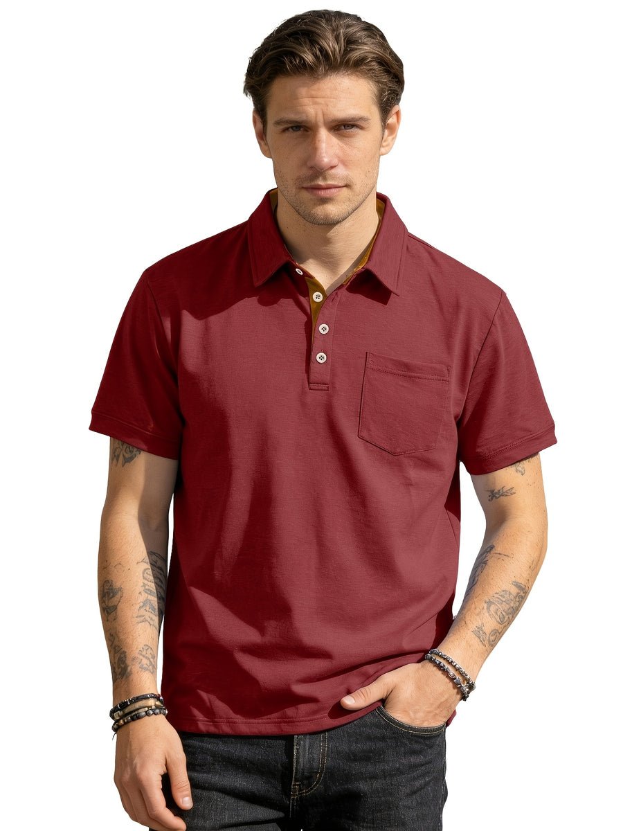 2pcs Set Men's Casual Solid Color Lapel Short-sleeve Polo Shirt with Casual Utility Pocket Design, Suitable for Business Casual Wear - Black + Red