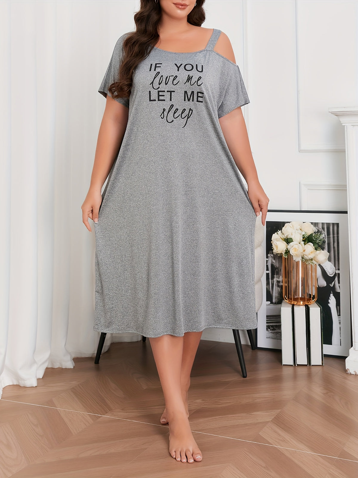 Drop-Shoulder Style Letter Print Long Dress, Plus Size Pajamas, Home Wear - Grey