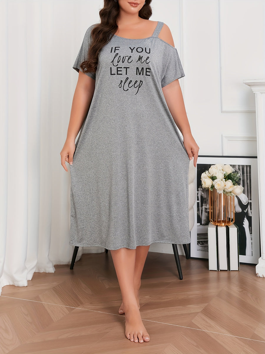 Drop-Shoulder Style Letter Print Long Dress, Plus Size Pajamas, Home Wear - Grey