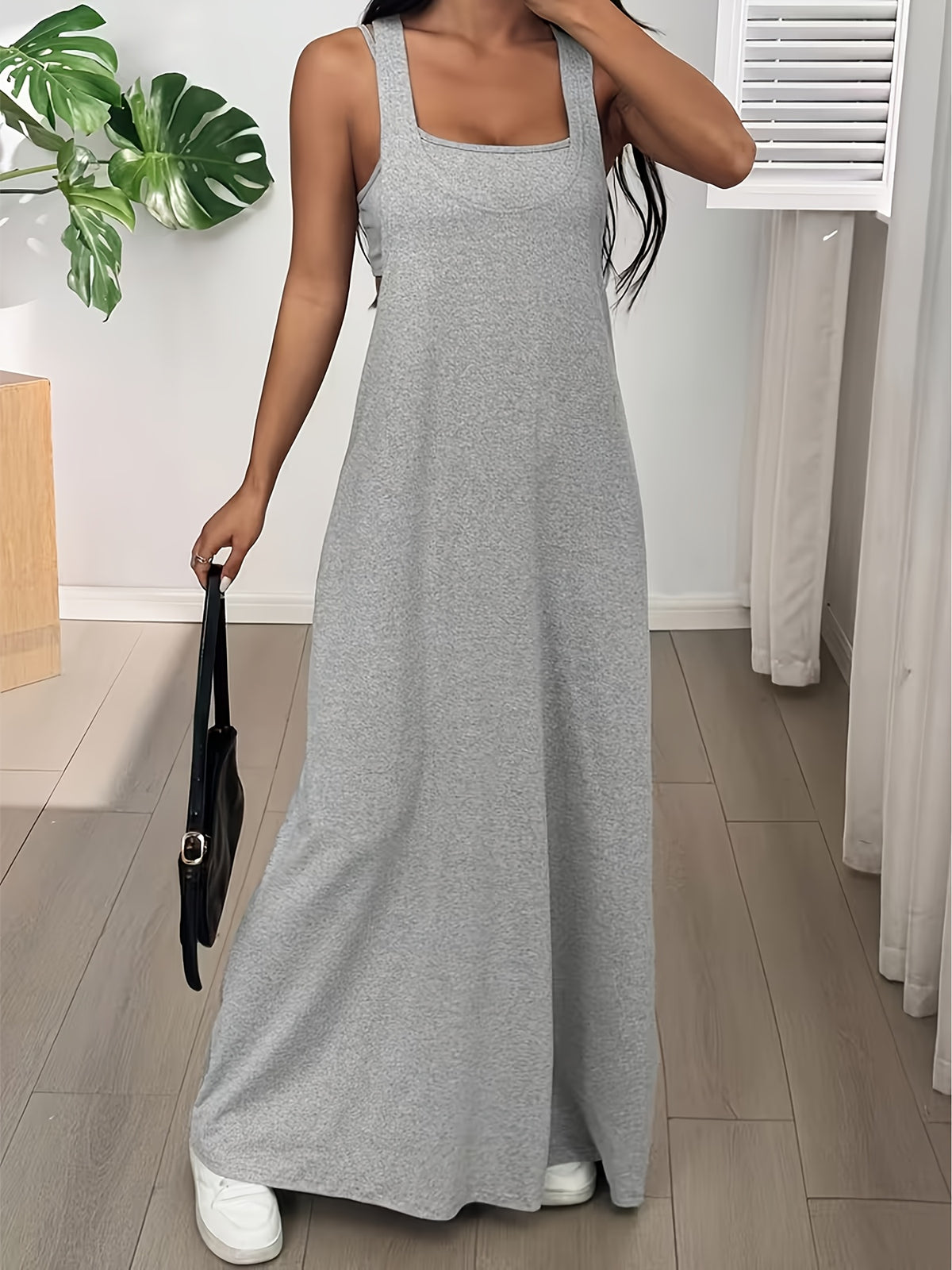 Hot American Retro Gray Vest Dress, Loose Flowing Summer Casual Atmosphere Long Dress - Grey