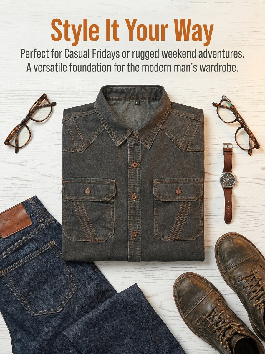 Autumn Men's Vintage Distressed Dark Gray Denim Shirt, Hand-Washed Denim Shirt, Double-Pocket Lapel Black Denim Shirt with Long Sleeves, American Workwear Style with Double Patched Pockets and Topstitching, Long-Sleeve Casual Spring/Autumn Commuter - Graphite Color