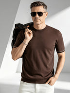Business-casual Men's Crew Neck Short-sleeve Knit T-shirt, Slim-fit Lightweight and Breathable Knit Top, with Contrast-color Stitching and Letter Embroidery on the Cuffs, Suitable for Daily Wear, Office, and Weekend Outings in Summer - Coffee Color