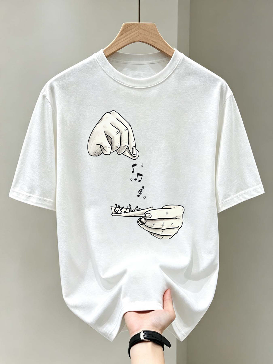 Men'S Short-Sleeve Printed T-Shirt, Item, Music-Themed Graphic on Black Background, Relaxed Fit, Suitable for Back-To-School Season, Casual, Work, Vacation, Everyday Casual - White