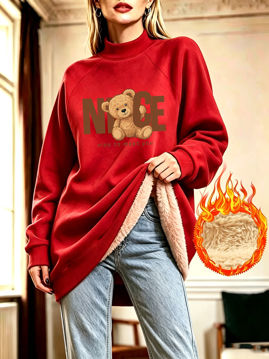 NICE Letter Bear Print Half-Turtleneck Long -Lined Sweatshirt for Women, Autumn/Winter Loose Fit Casual Sweatshirt Dress - Red