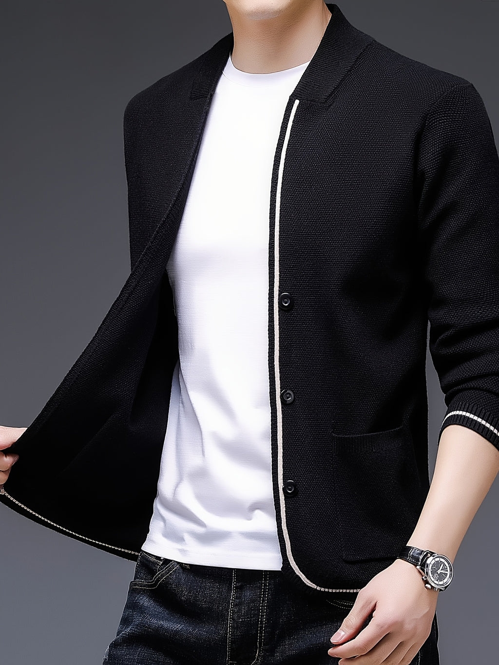 Spring/Autumn Men'S V-Neck Sweater, Business Style Office Wear Slimming Versatile Top, Knit - Black