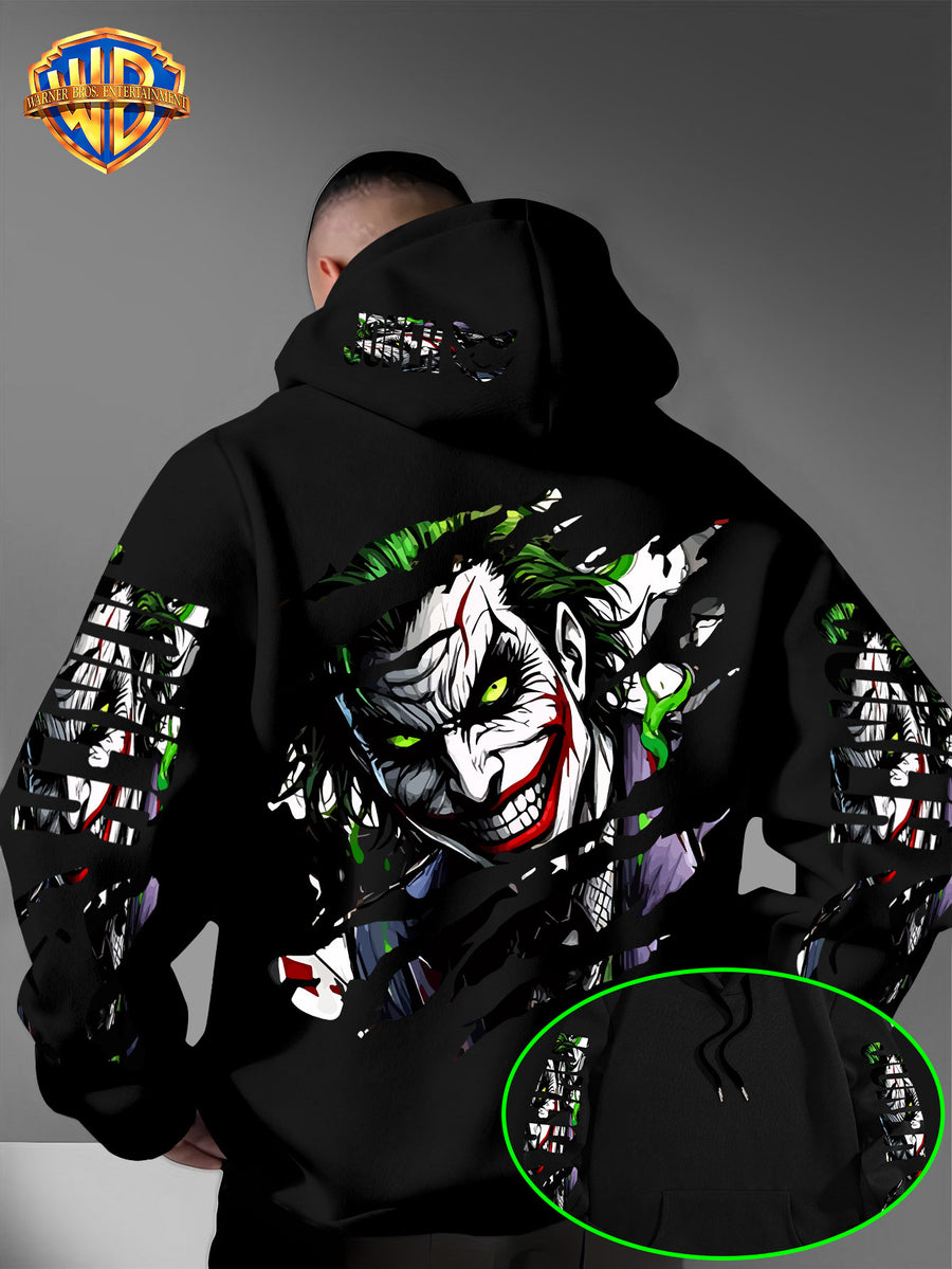 WB Men's Joker Print Hooded - Warner Bros. Official & Iconic Joker Design, Loose Fit Hoodie with Hooded Pullover, Machine Washable Streetwear for Fall/Winter Casual Wear Suitable for Autumn and Winter Warmth - Black