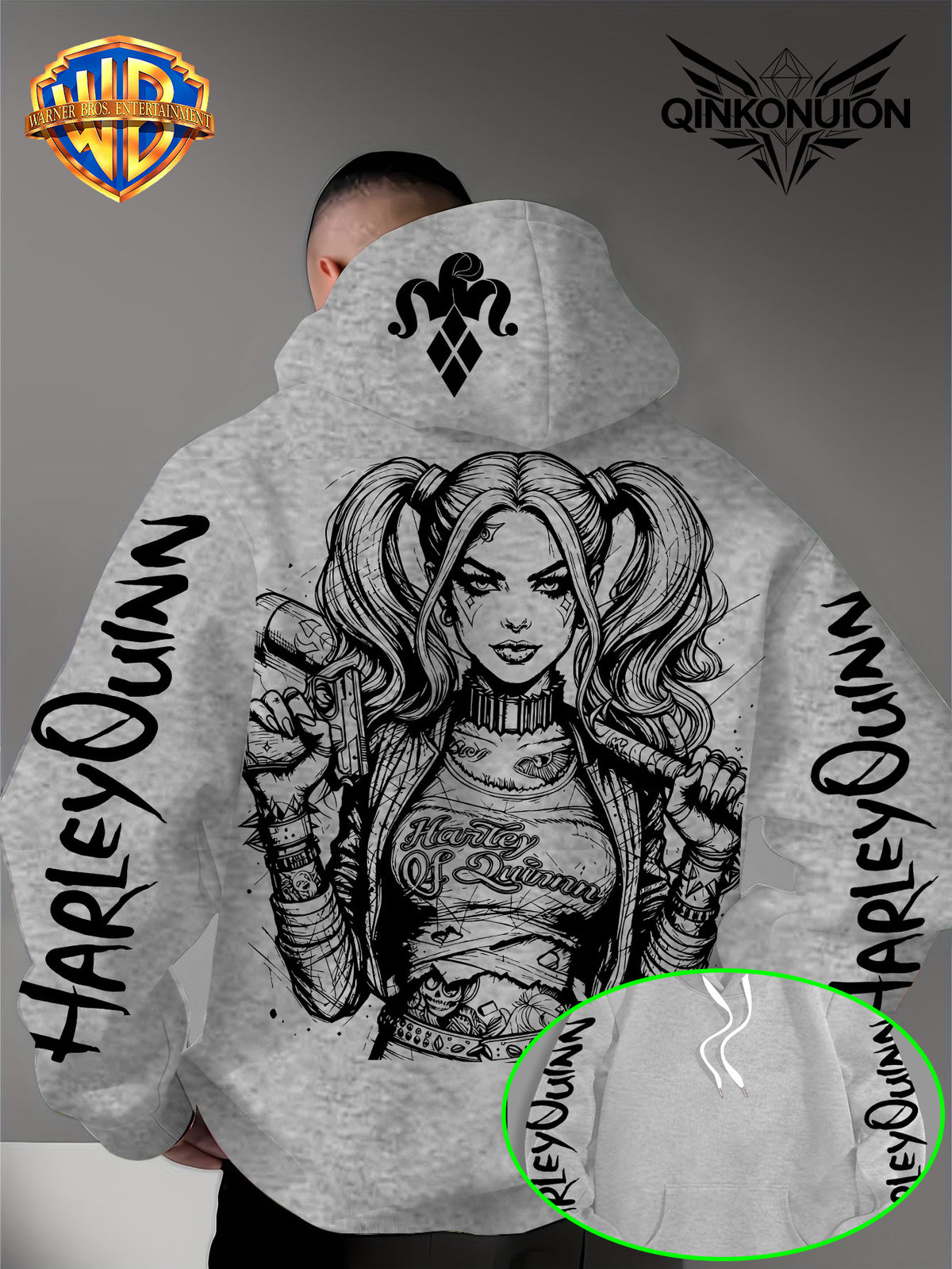 Warner Official Men'S Hoodie, Black And White Thread Draft Double Ponytail Quinn Hardcore Comic Print Design, Machine Washable, Warm And Casual for Autumn And Winter, Daily Drawstring Hoodie, Multi-Functional Sports And Leisure Loose Fit - Light Grey