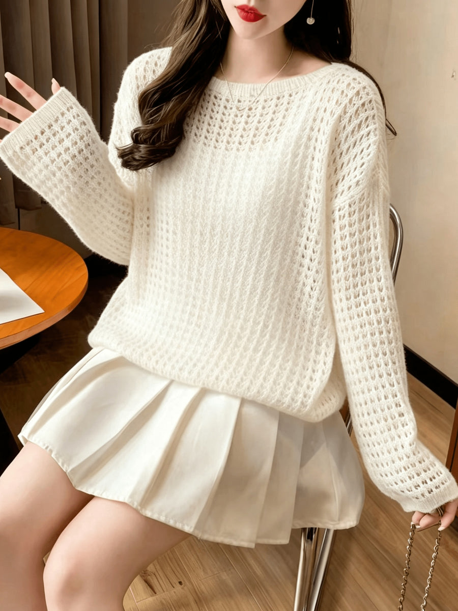 Women's New Spring/Summer Hollow-Out Solid Color One-Shoulder Pullover Knitwear, Casual Style Outer Cover-Up Shirt - Apricot