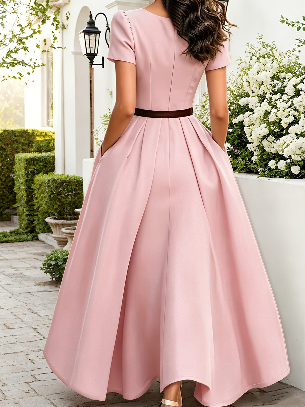 Solid Square Neck Short Sleeve Dress Women'S 2026 Summer New High-Waist Cinched Waist Flared Maxi Dress with Belt - pink color