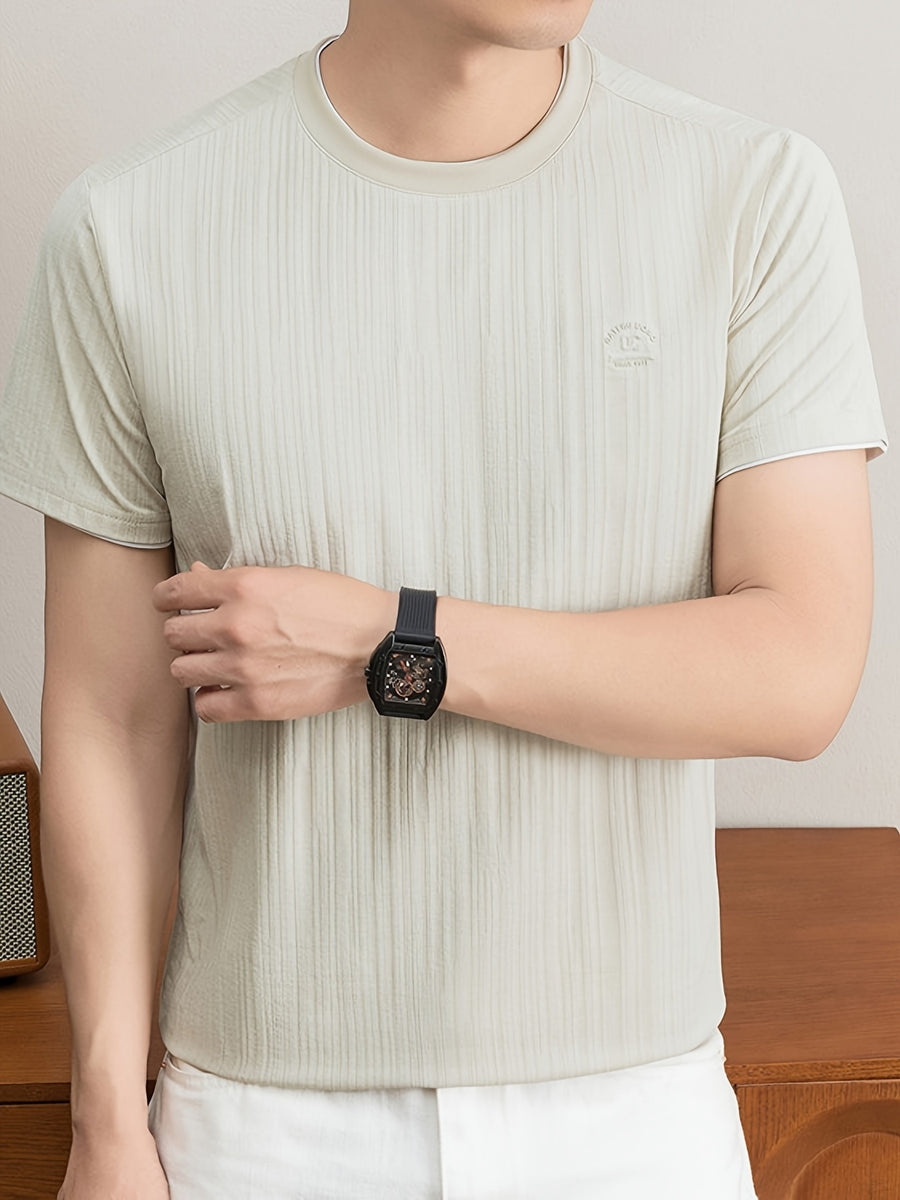 Summer New Men'S T-Shirt, Fashionable Trendy Faux Two-Piece Round Neck Short Sleeve T-Shirt for Men, Business Casual Mid-Age Men'S Solid Color Top, Suitable for Daily Work Scenarios, Men'S Gift - Beige Color