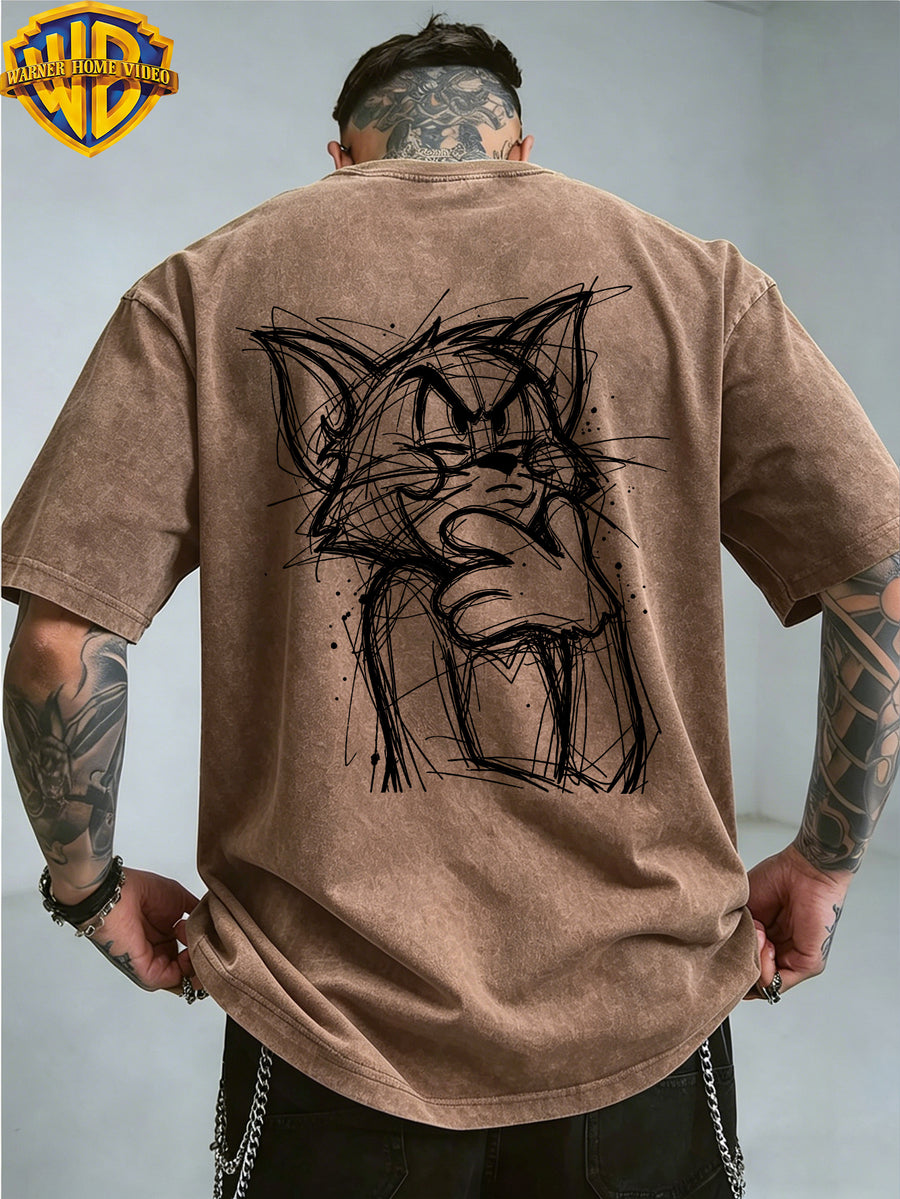 Warner Bros. Official License, Classic Cartoon Character Angry Raging Hand-Drawn Line Art Print, American Retro Washed Distressed T-Shirt, Unisex, Machine Washable, Suitable for Daily Commute And Outdoor Wear - Coffee Color
