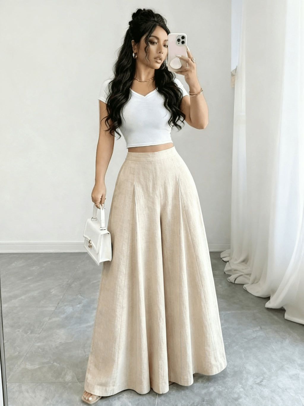High-Waist Wide-Leg Pants, Women'S Summer Flared Skirt Design, Slim Elegant Commute Casual Trousers - Khaki